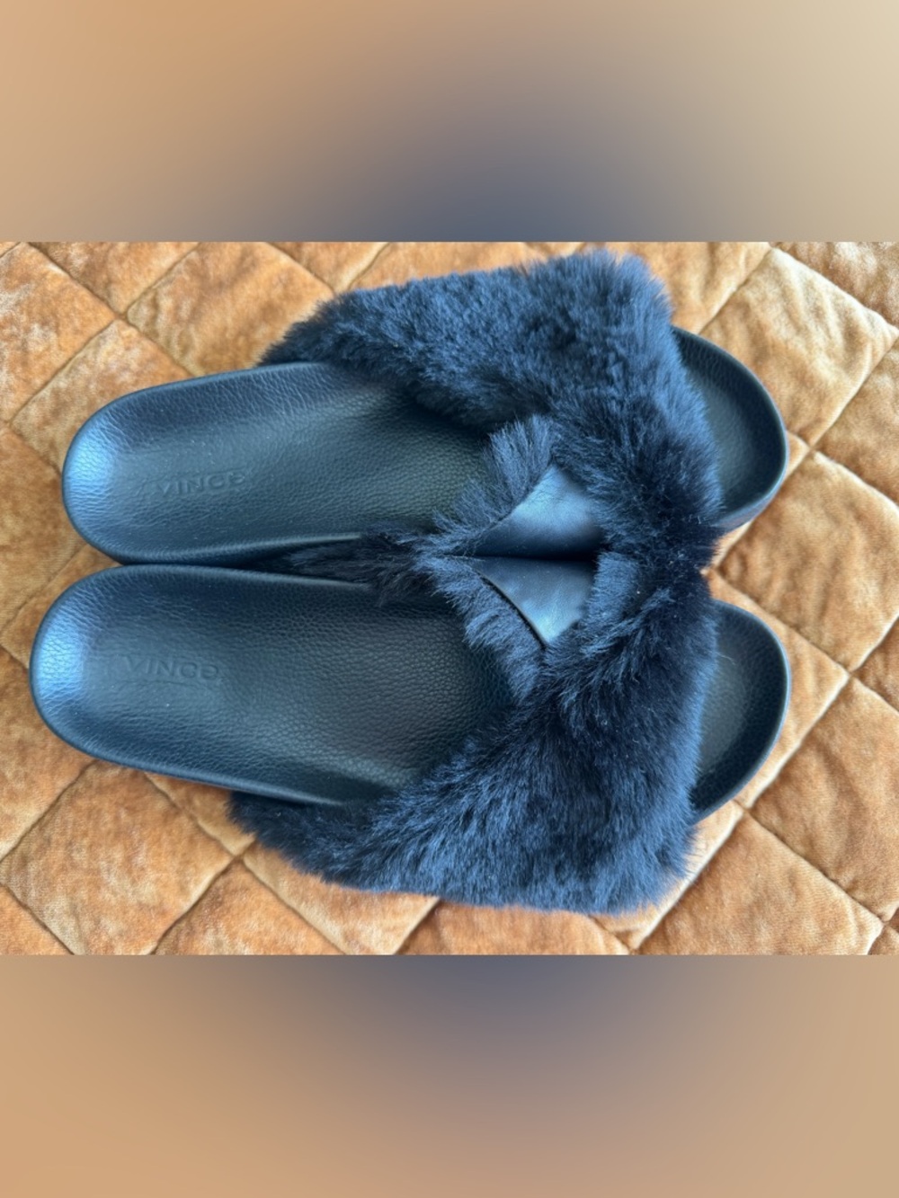 Vince Black Fur Slides | Soft Plush Slip On Sandals | Size 9